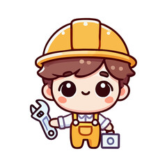 Obraz premium A cartoon boy is holding a wrench and a piece of paper