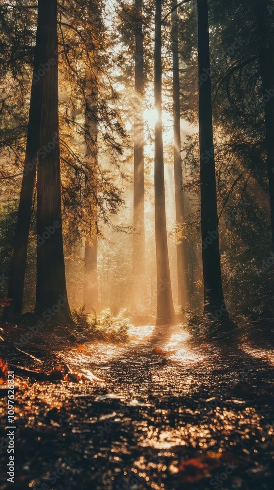 Poster a tranquil moment in a redwood forest with sun rays glowing through tall trees after rainfall