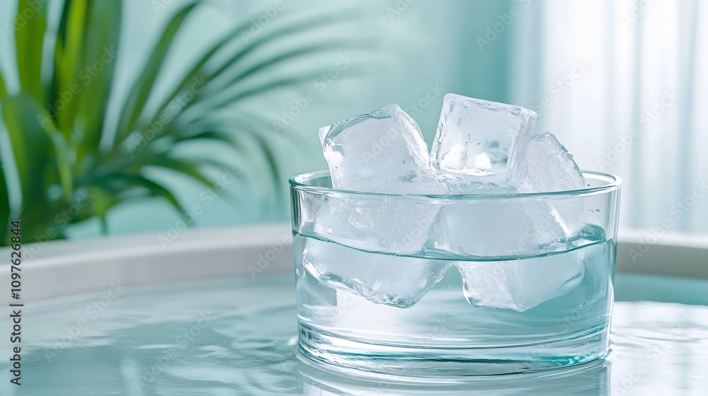 Aufkleber crystal-clear ice bath with floating ice cubes in minimalist spa setting