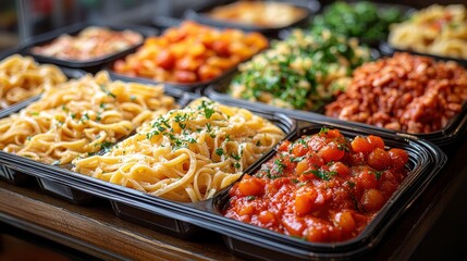 Delicious takeaway pasta trays filled with various sauces ready for a hearty meal in a cozy dining setting