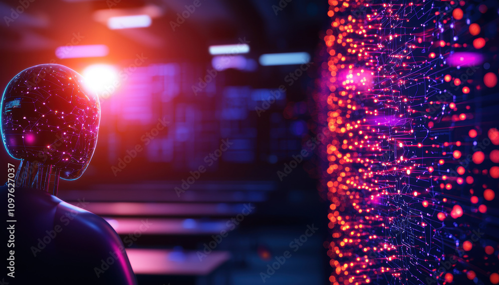 Poster quantum computing education concept. a futuristic robot stands before a vibrant, illuminated wall of