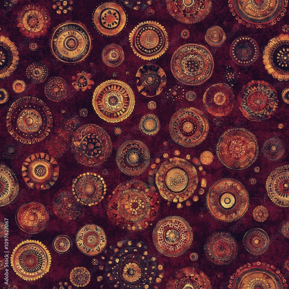 Poster Intricate seamless pattern featuring small, circular designs in rich, warm colors suitable for various creative projects