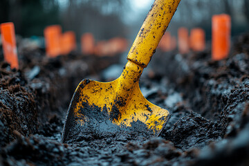 Close up of a yellow trowel used in construction site generated.AI