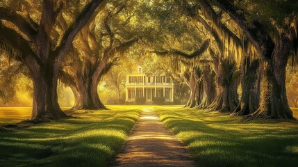 Stunning view of the historic Oak Alley lined with oak trees and a grand plantation house illuminated by warm sunlight