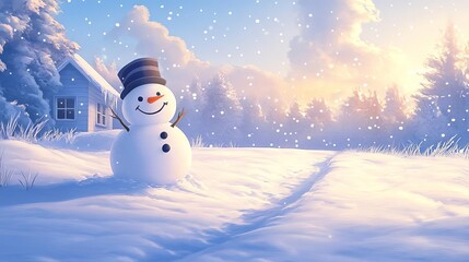 Fototapeta premium A cheerful snowman stands in a winter landscape, surrounded by snow and sunlight.