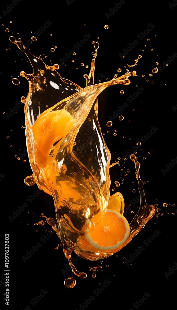 Poster a dynamic splash of orange juice with citrus slices, emphasizing freshness and vitality.