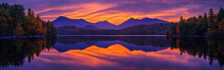 Fototapeta premium A breathtaking sunset over the tranquil waters of the Adirondack Mountains reflecting vibrant colors in autumn