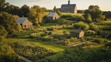 A serene view of the Amana Colonies' beautiful gardens and historic buildings at sunset