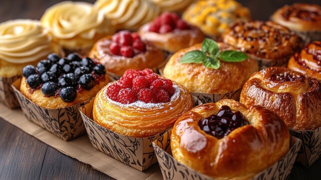 A delightful display of takeaway pastries in beautifully decorated boxes ready for enjoyment at a local bakery