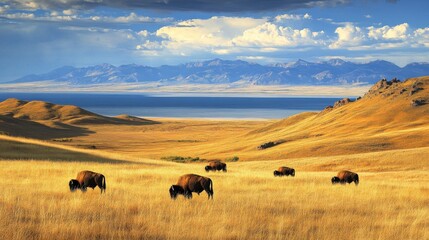 Bison graze in golden grasslands under a vibrant sky near a tranquil lake surrounded by mountains