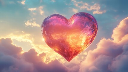 Fototapeta premium A vivid heart-shaped cloud glows with warm colors against a beautiful sky, symbolizing love and positivity.