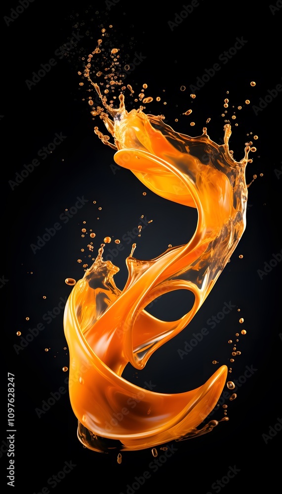 Aufkleber a dynamic splash of orange liquid creating an abstract shape against a black background.
