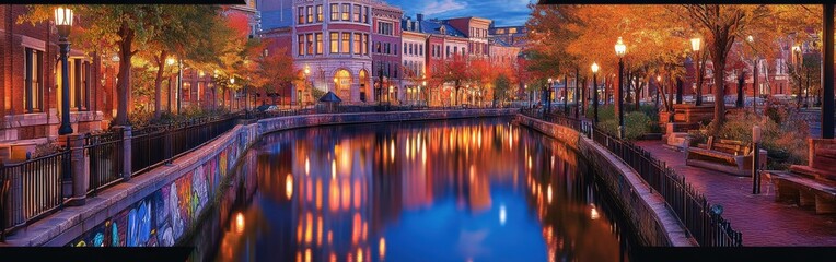 Fototapeta premium Charming streets lined with colorful trees reflecting on a peaceful canal during twilight in a picturesque town