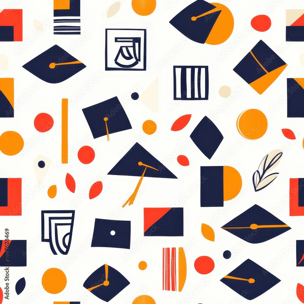 Poster Colorful abstract geometric shapes with graduation caps and various icons in a playful arrangement on a light background