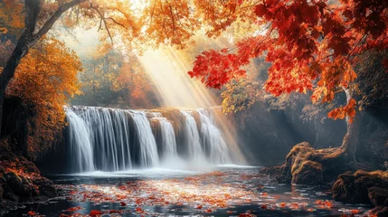 Rideaux Cascades Autumn colors illuminate Little River Canyon with cascading waterfalls and tranquil waters at dawn  © vadosloginov