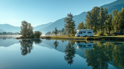 A serene campsite with a motorhome by a tranquil lake surrounded by mountains and trees at sunrise