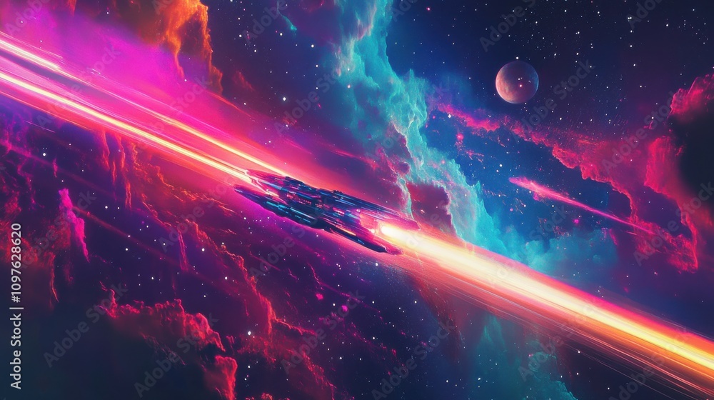 Poster A vibrant spaceship glides through colorful cosmic clouds in a distant galaxy with distant planets illuminated
