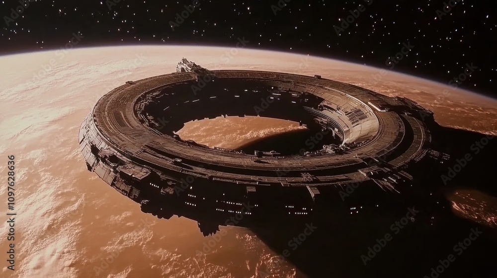 Poster an advanced colony ship orbits a distant planet, showcasing its intricate design against the backdro