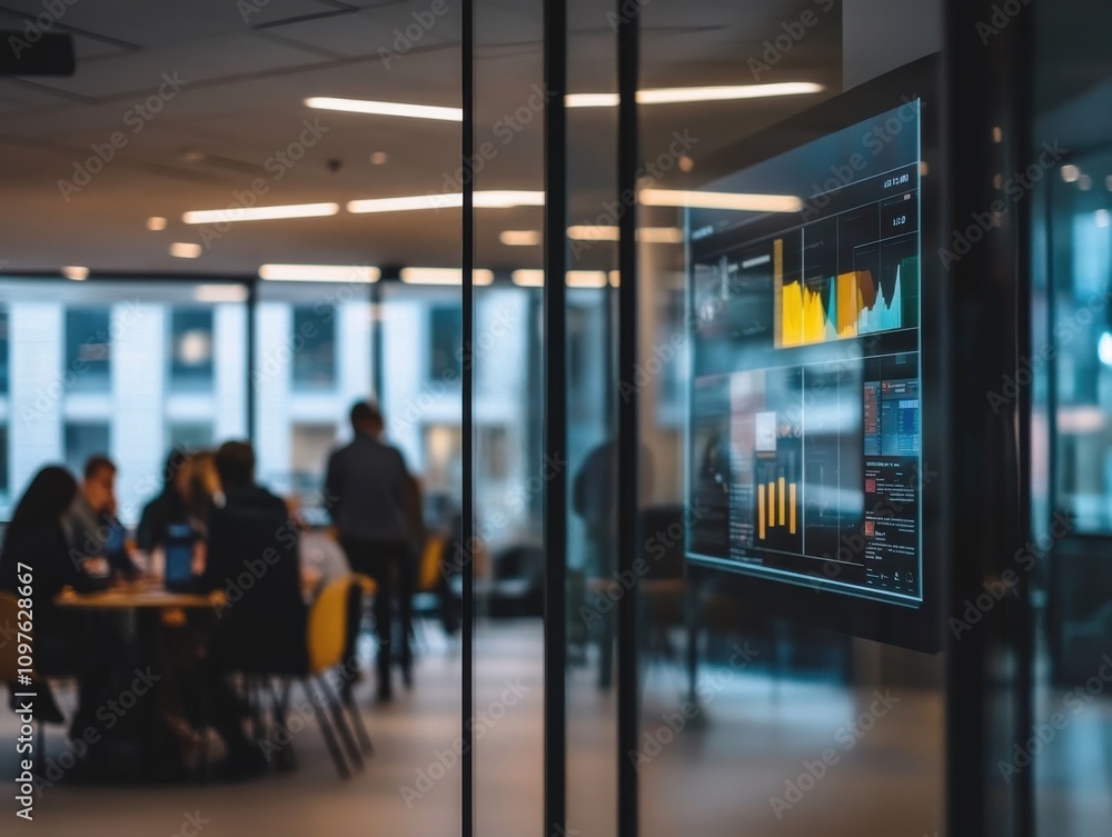 Poster a modern office with a digital display showcasing analytics during a team meeting in the late aftern
