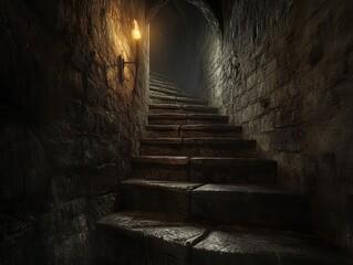 Narrow winding staircase illuminated by torchlight leading upwards in a medieval castle