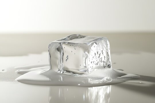 Melting ice cube on reflective surface with water droplets.
