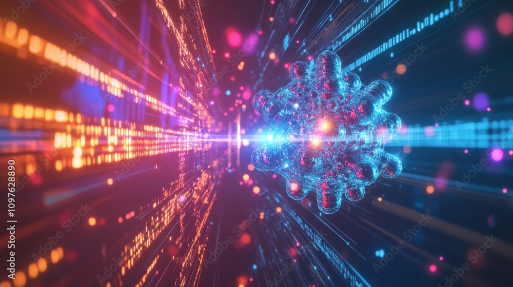 Poster a vibrant exploration of futuristic quantum computing dynamics with colorful particles transmitting 