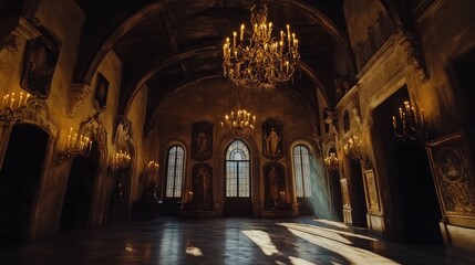 Obraz premium Explore the majestic grand hall of Dracula's castle, featuring ornate chandeliers and tall windows during twilight hours