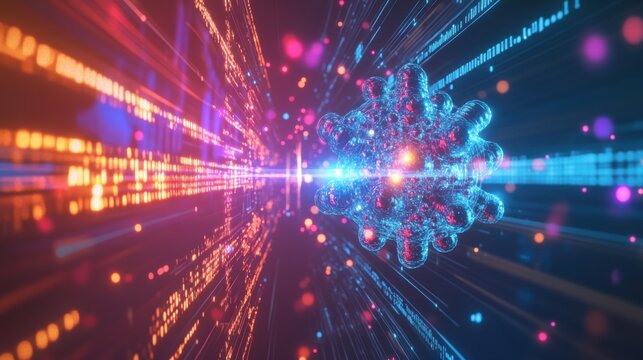 A vibrant exploration of futuristic quantum computing dynamics with colorful particles transmitting data in a high-tech environment