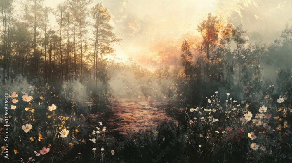 Aufkleber a tranquil double exposure capturing a mystical forest at sunset, blending vibrant flowers and soft 