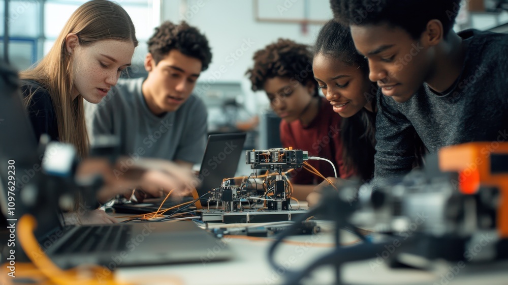 Poster a diverse group of college students collaborates on a robotics project in a campus lab during their 