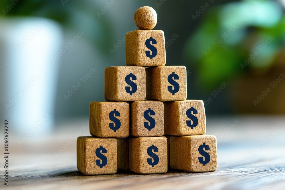 Poster wooden blocks stacked in pyramid shape with dollar symbols display