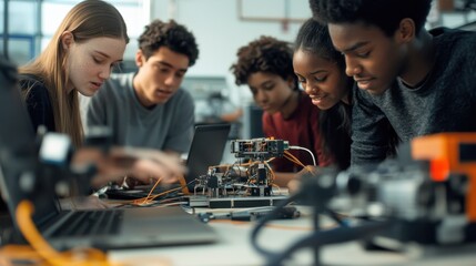A diverse group of college students collaborates on a robotics project in a campus lab during their evening study session