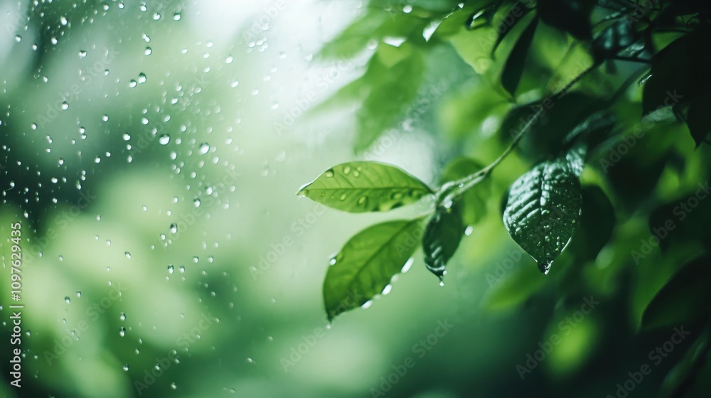 Poster a close-up view of raindrops delicately resting on a windowpane during a rainy day in a lush green e