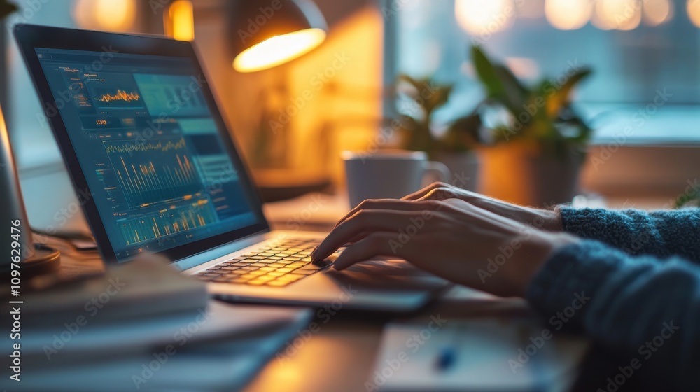 Poster close-up of hands typing on a laptop in a cozy workspace during sunset with warm light and greenery 