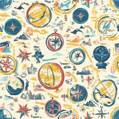 A vibrant collection of hand-drawn globes and maps featuring compasses and marine elements in a playful design