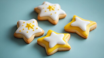 Fototapeta premium Four white and yellow star shaped cookies with white icing