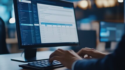 Close-up view of a computer screen displaying data and analysis while a person types during a late work session in an office