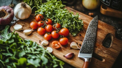 A vibrant close-up of various fresh vegetables and herbs arranged on a wooden cutting board in a well-lit kitchen setting