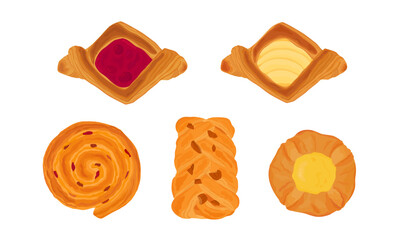 Set of various danish pastry. Hand drawn vector illustration. Cherry, custard, pecan, raisin.