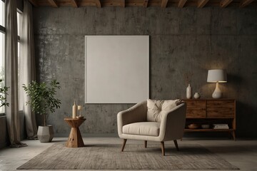 Canvas mockup in minimalist interior background with armchair and rustic decor Front view