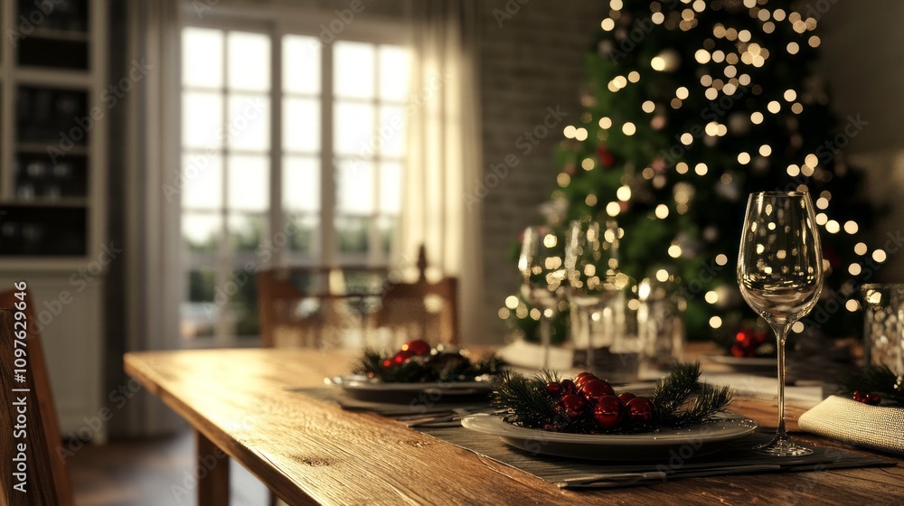 Poster A Christmas tree is lit up with lights and a table is set with a plate of food