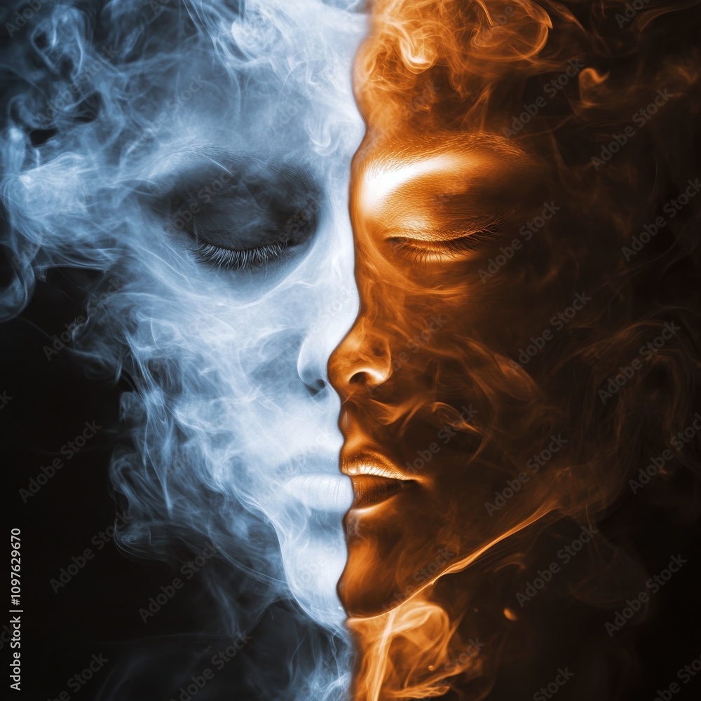 Poster a compelling close-up of a human face split in half, showcasing contrasting expressions and colors b