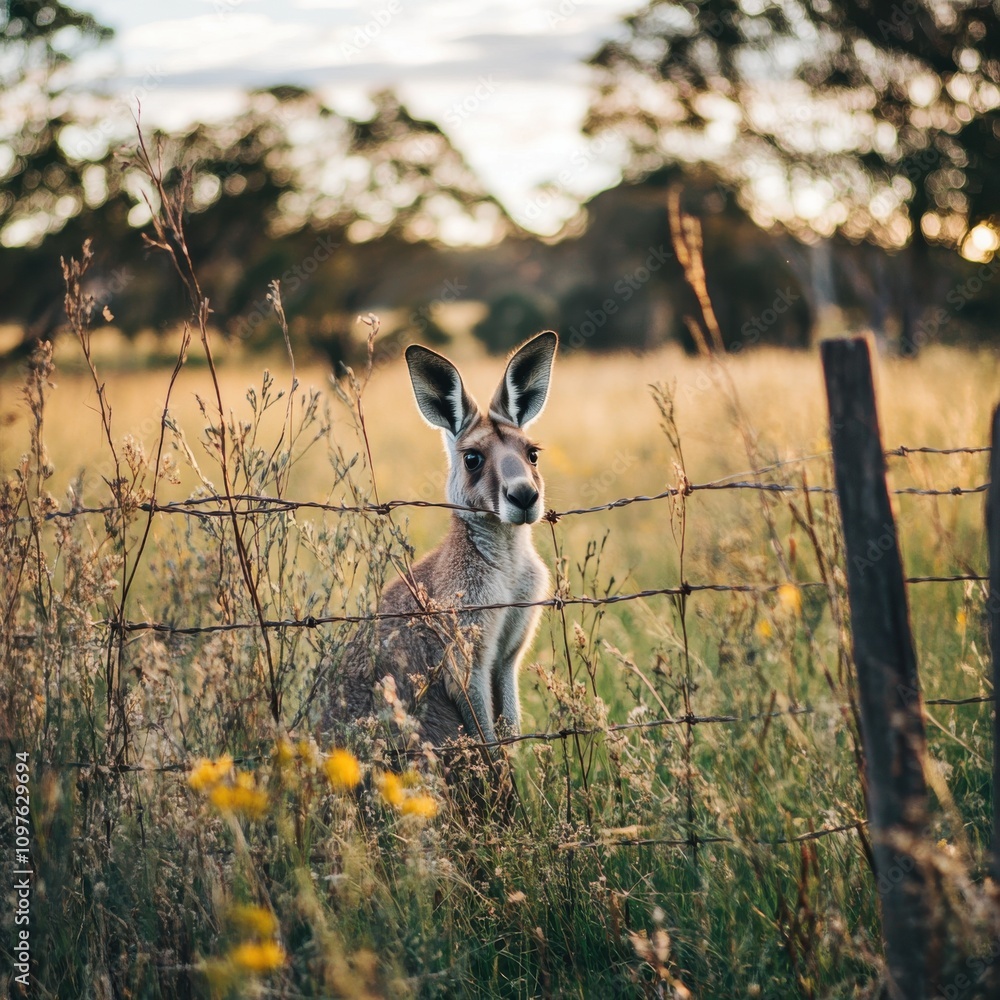 Poster A kangaroo exploring a rural field through a rustic fence with gaps during the golden hour at sunset