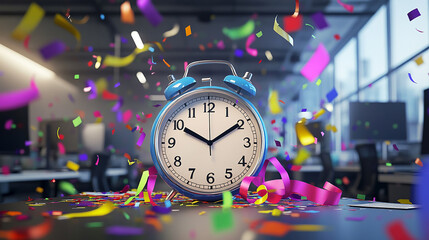 A colorful clock surrounded by confetti and ribbons, set against the backdrop of an office environment with desks and computers 