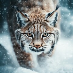 Fototapeta premium A lynx prowls through the snowy landscape, showcasing its striking features and keen hunting instincts in a winter wonderland