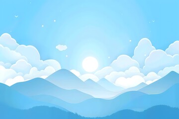 A serene landscape featuring mountains, clouds, and a bright sun in a blue sky.