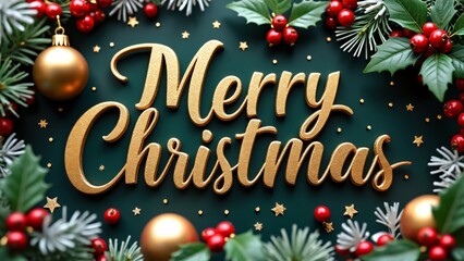 Merry Christmas, Festive Gold Lettering with Holly & Ornaments