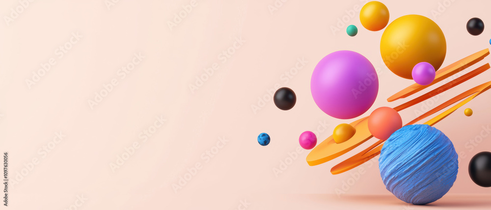 Poster quantum computing education concept. colorful 3d spheres and rings float against a soft pink backgro