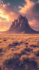 Naklejka premium A stunning sunrise illuminating Shiprock in New Mexico, with vibrant colors painting the sky and golden grasses covering the landscape