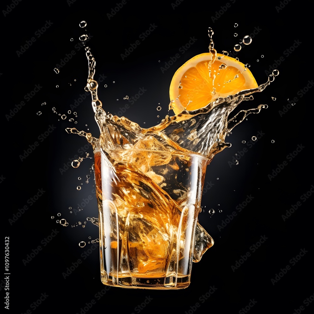 Poster a splash of a beverage with an orange slice, showcasing refreshing drink dynamics.
